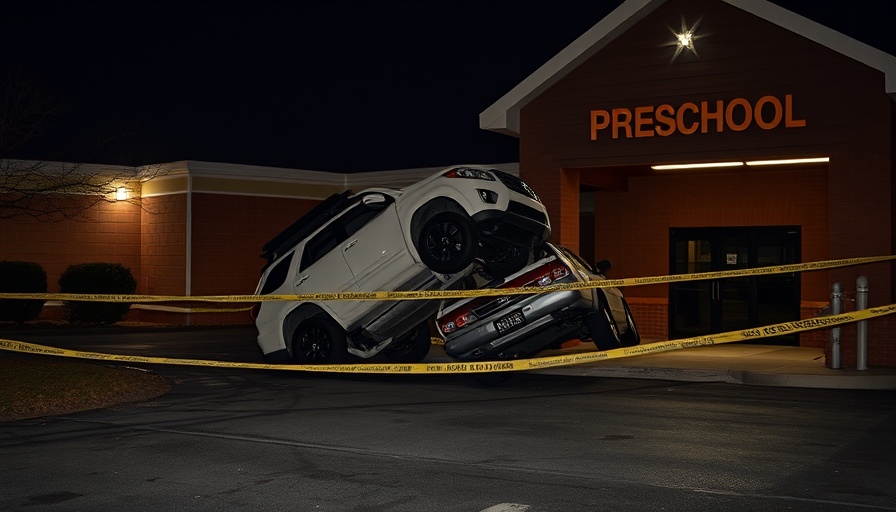 Nighttime preschool crash scene with cars and caution tape