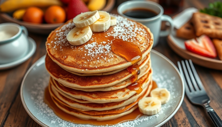 Best breakfast in Houston featuring banana-topped pancakes.