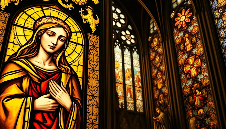 Stained glass depicting religious figures from 'Martin Scorsese presents The Saints', vibrant colors and elegant design.