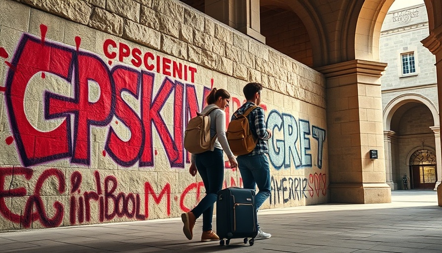 University campus with graffiti, two people walking past stone wall