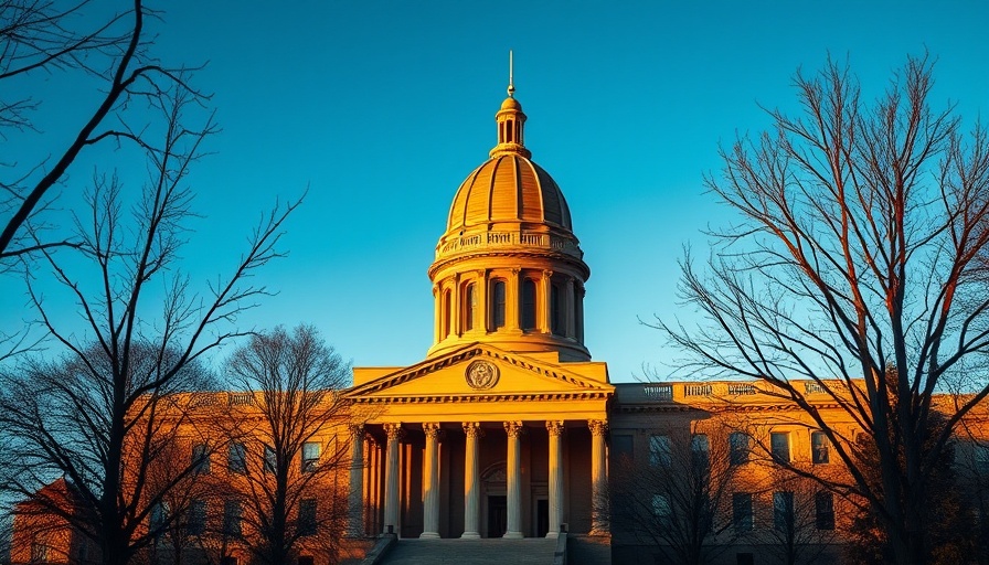 Government building at sunset with dome and trees, transgender athletes in girls sports context.