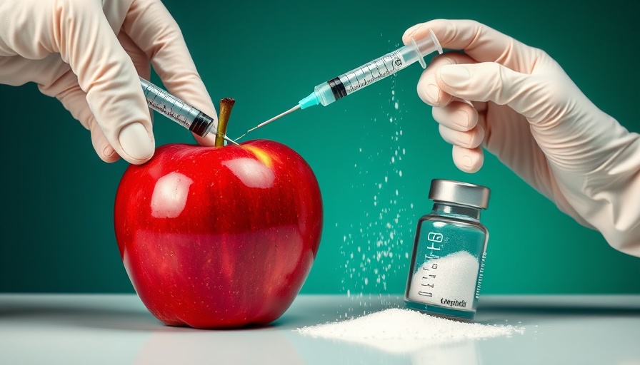 Apple injected with a syringe, illustrating food chemicals health risks.