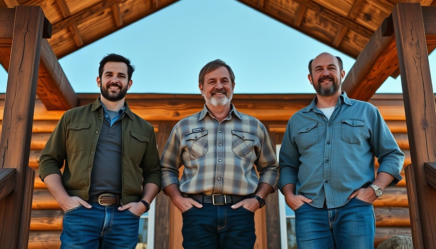 Three men on a sunlit rustic porch, clear sky