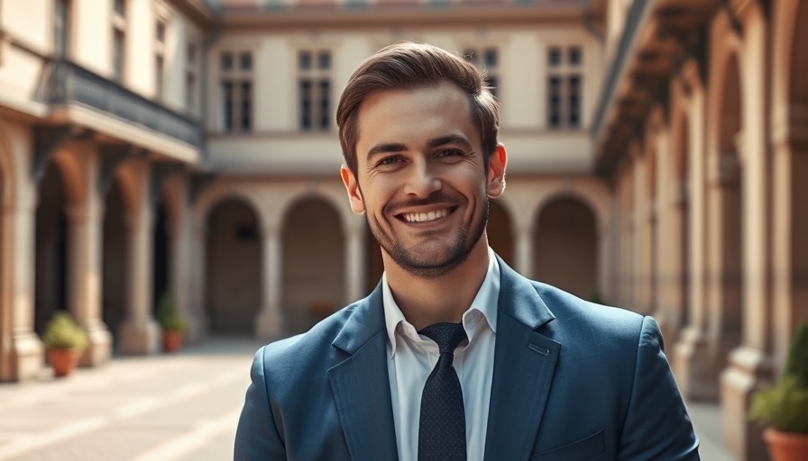 Confident man in blue suit standing outside Align Capital office.