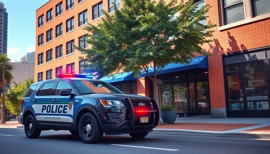 Police car and brick building on urban street, daytime.