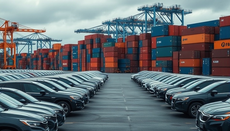 Port scene showing import cars, highlighting auto tariffs impact on consumers.