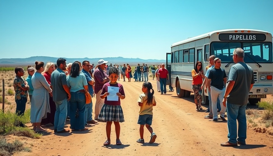 Group near bus and children holding paper, lost track of unaccompanied alien children.
