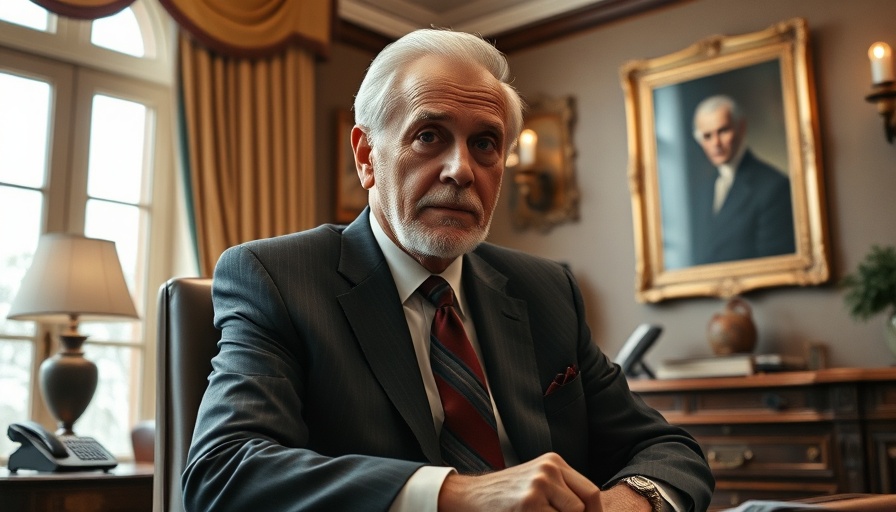 Older man seated at an elegant desk in a sophisticated office.