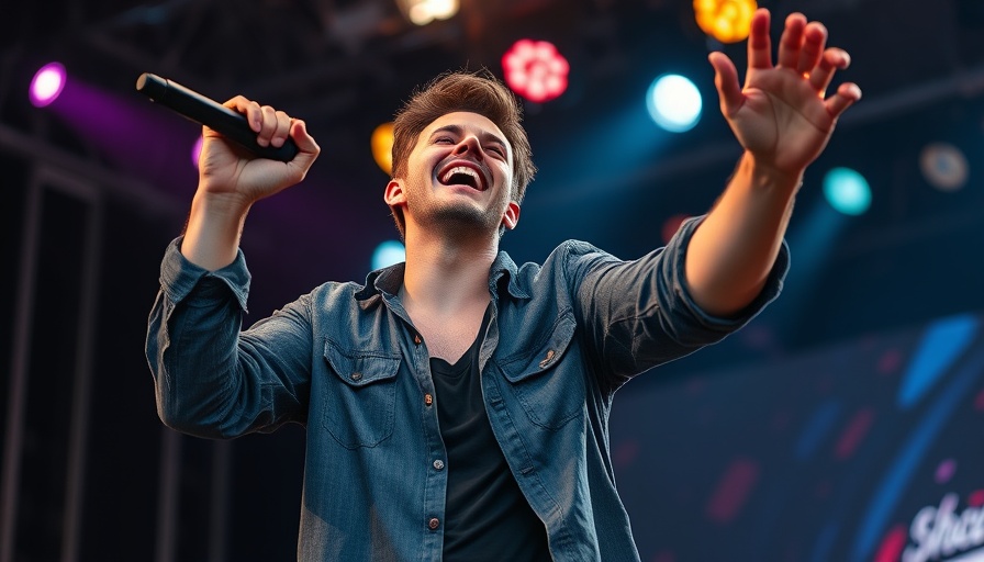 Energetic singer on stage with microphone in vivid lighting.
