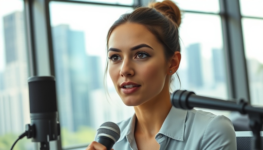 Focused woman speaking, Rachel Scott Gracie Award, cityscape background.