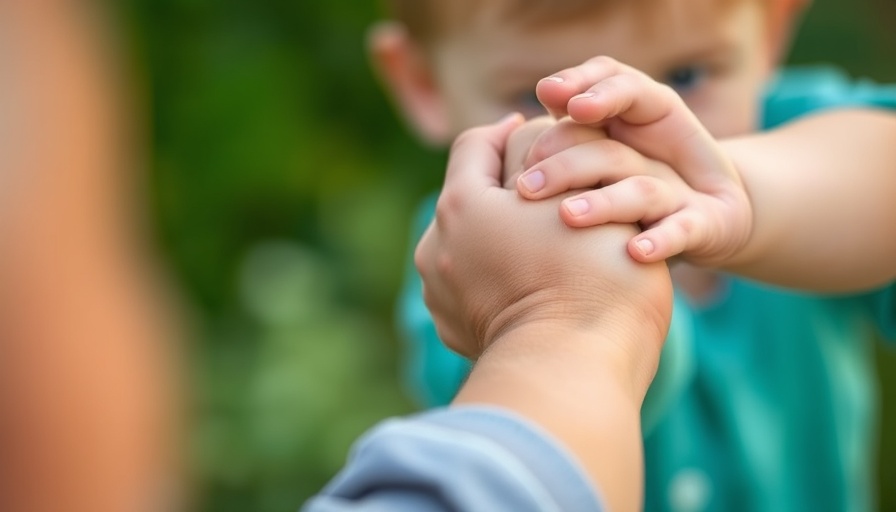 Child holding adult's hand outdoors, close-up.