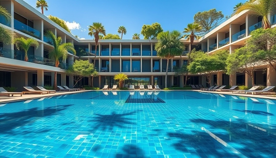 Waldorf Astoria luxury resort pool area surrounded by modern architecture.