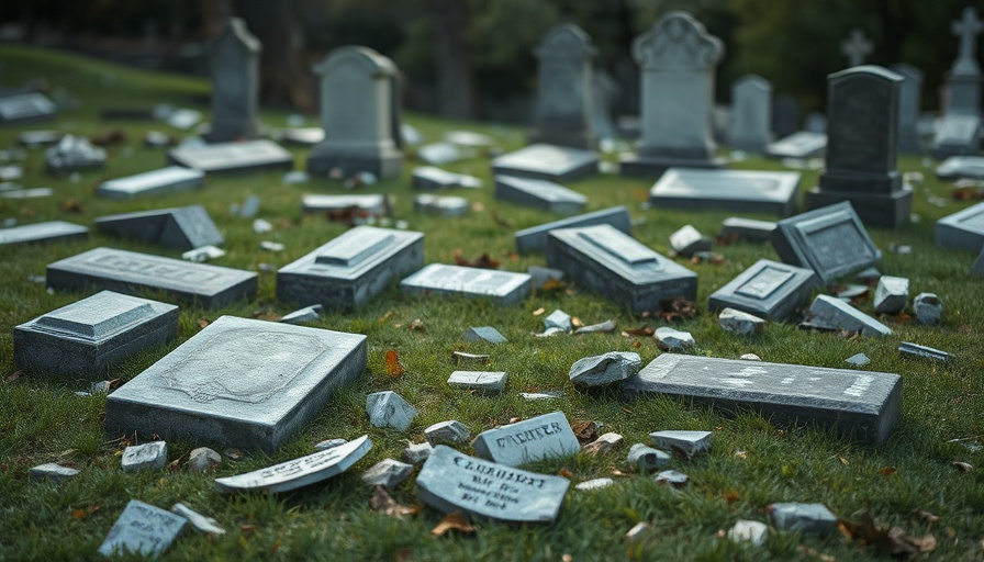 Houston cemetery desecration shown with toppled tombstones in graveyard.