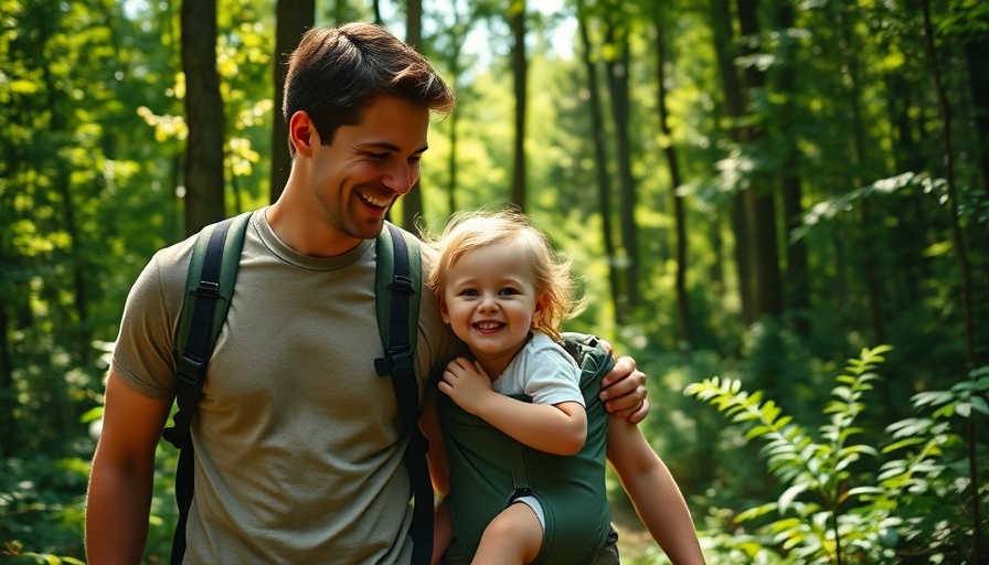 Young family hiking with baby carrier in a lush forest.