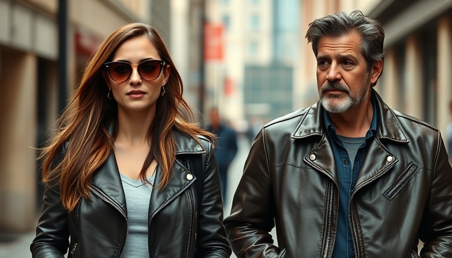 Stylish couple in leather jackets strolling outdoors