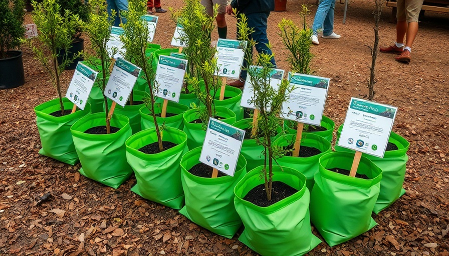 Young trees at San Antonio tree giveaways with informational signs.