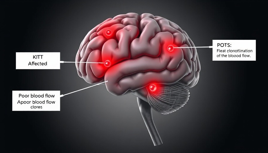 Diagram of brain showing poor blood flow linked to POTS with labels.
