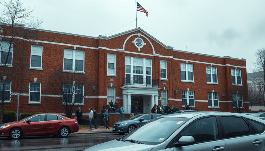 San Antonio high school facade during rainy day with gathered people.