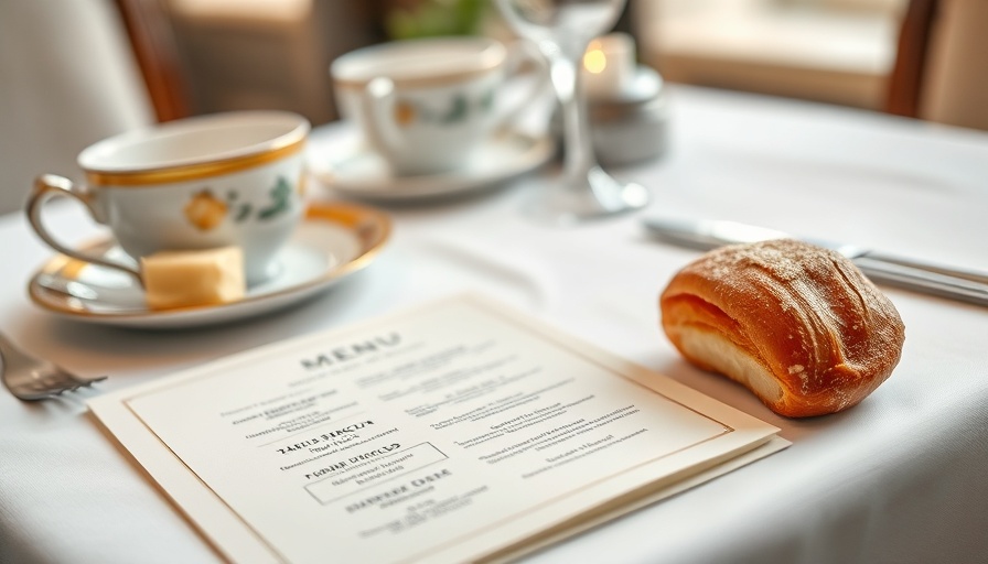 Dallas dining setting with menu and pastry, elegant ambiance.