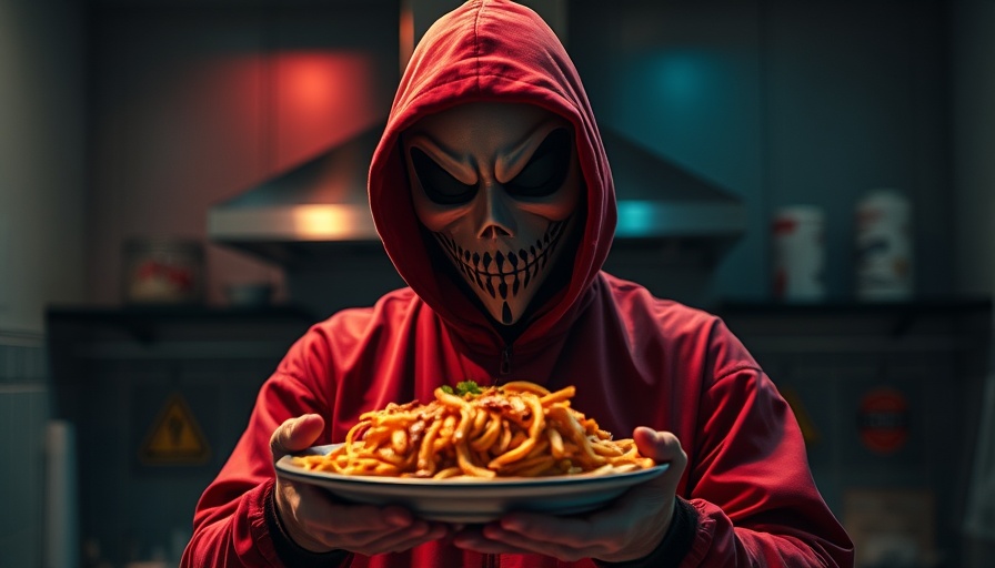 Masked person holding toxic meal with warning sign