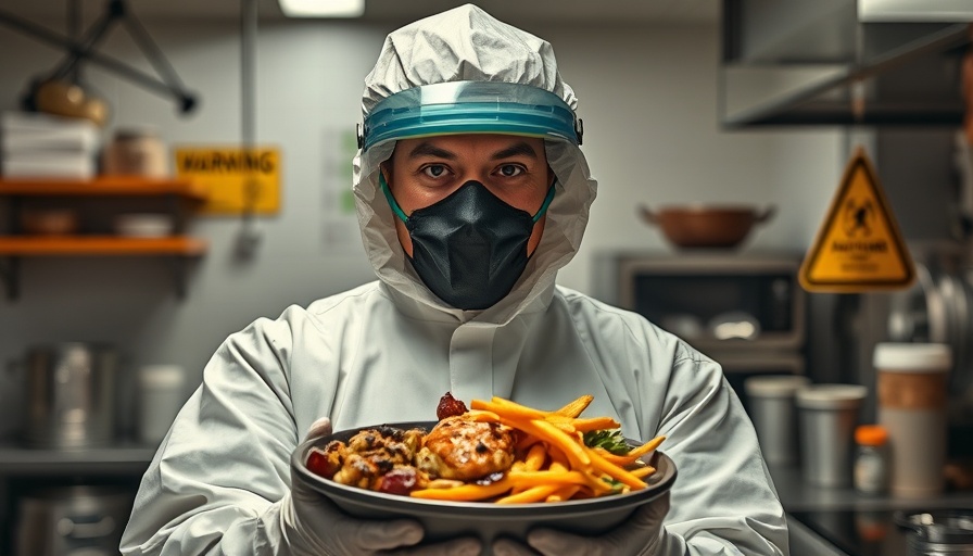 Person in hazmat suit handling dangerous meal in a kitchen.