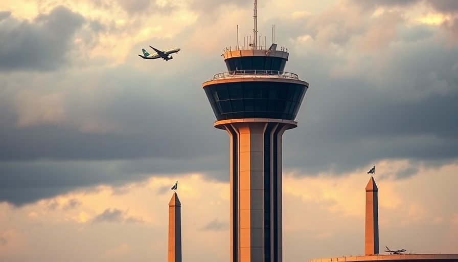 Airport control tower with plane in the sky at dusk, Delta flight close call investigation.