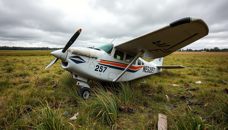 Small plane crash in a field with overcast sky.
