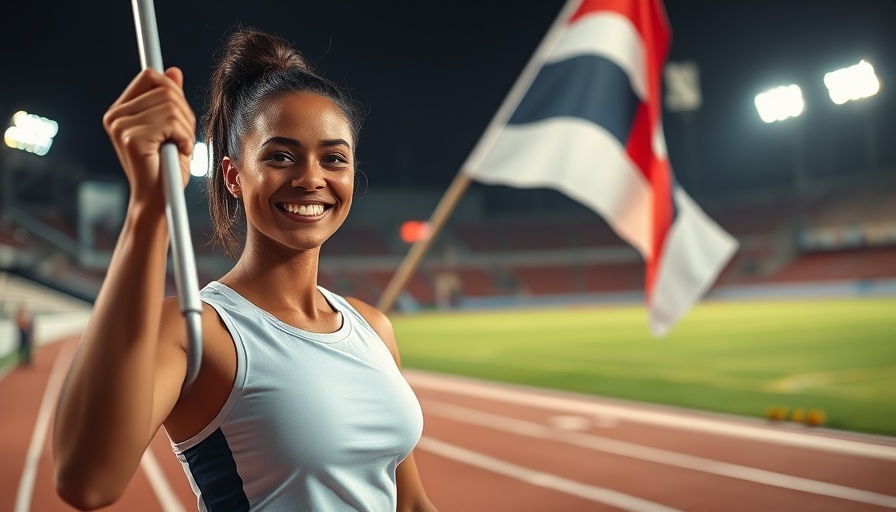 National news today: Athlete with flag and smiling woman at track event
