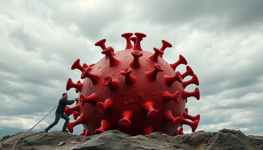 Conceptual image symbolizing HHS funding cuts in Houston with a giant virus.