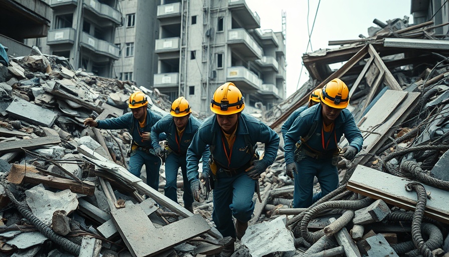Rescue workers amid rubble highlighting Myanmar earthquake death toll.