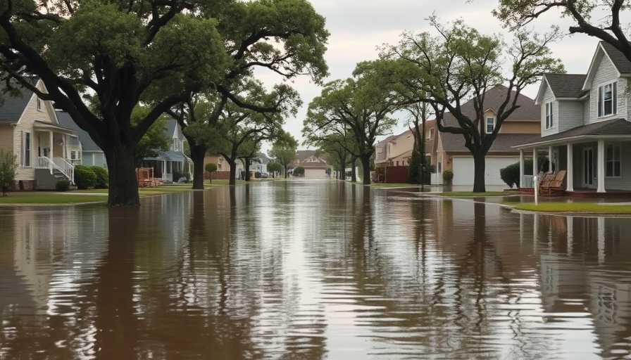Texas disaster declaration flooding: flooded suburban landscape with trees and homes.