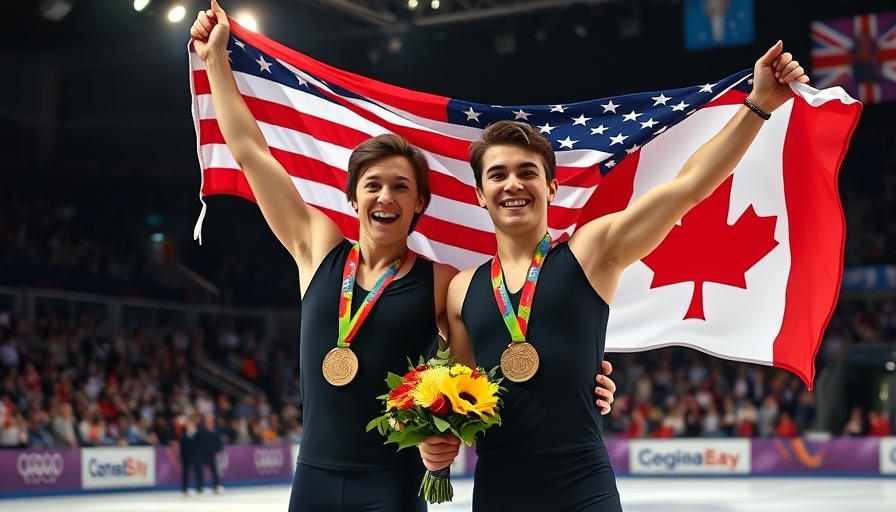 American ice dancers celebrate victory over Canadian rivals with flag.