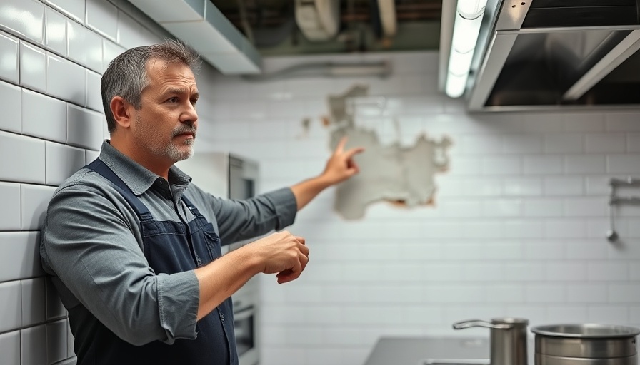 Local business owner showing damage in Helotes restaurant kitchen.
