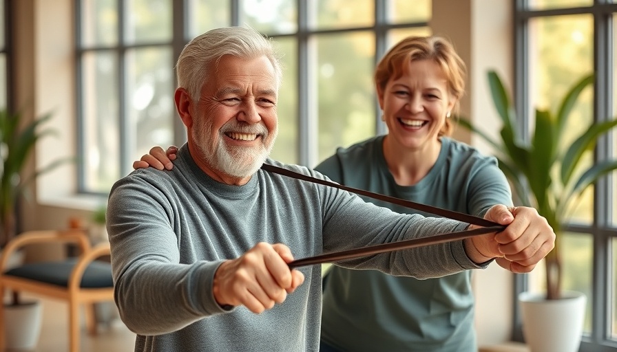 Older man benefits from physical therapy with resistance band.