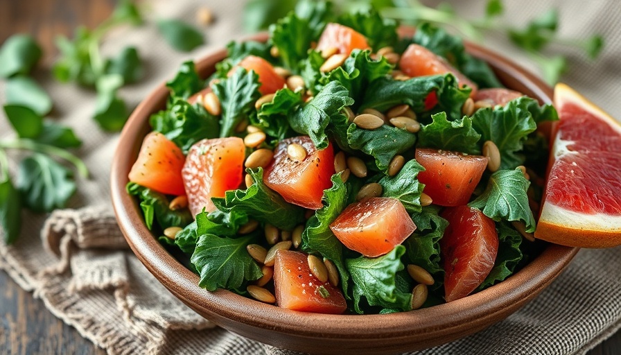 Colorful kale and grapefruit salad with seeds in a rustic setting.