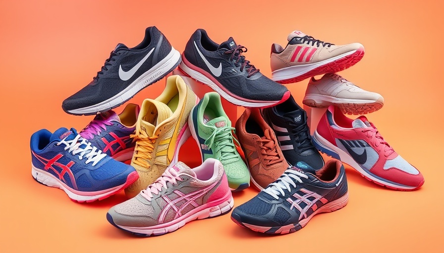 Colorful assortment of best shoes for plantar fasciitis on gradient backdrop.