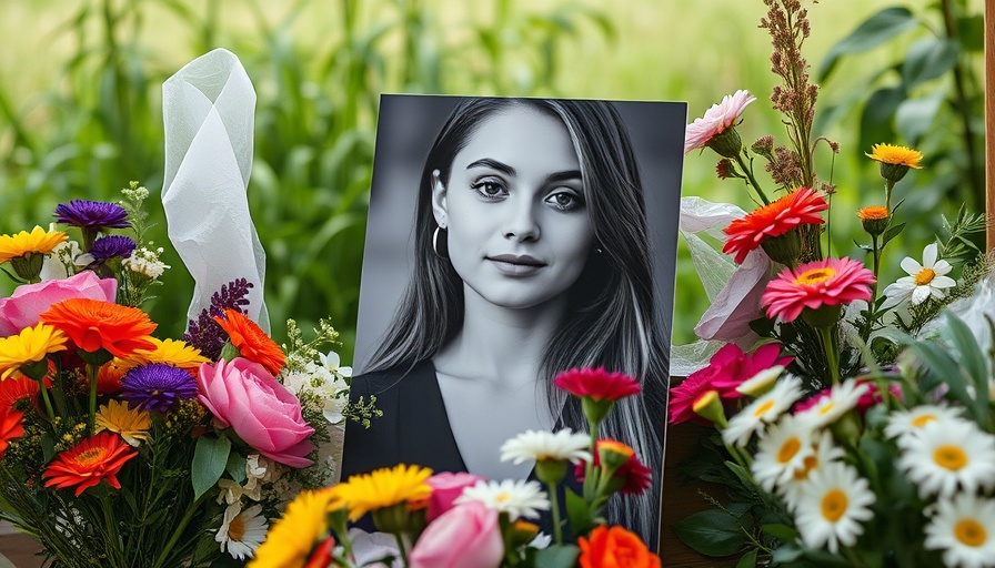 Memorial site with flowers and portrait for teen killed in hit-and-run accident.