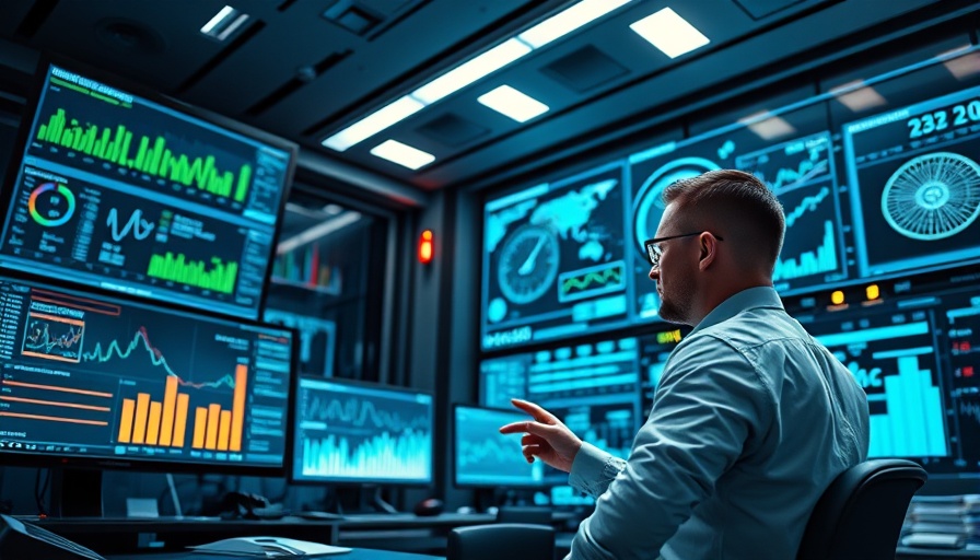 Futuristic office analyzing energy needs with AI technology.
