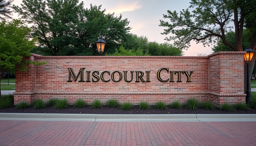 Missouri City sign on a brick wall in a downtown district.