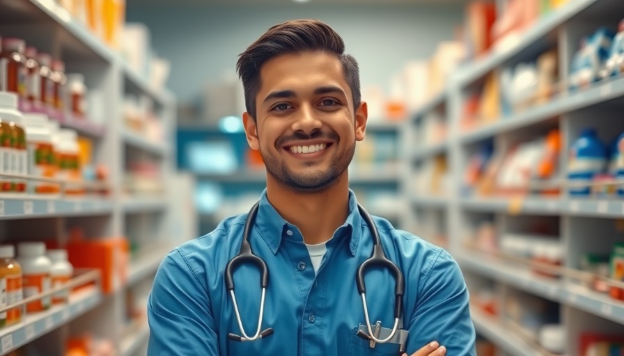 Friendly pharmacist in blue uniform at specialty pharmacies.
