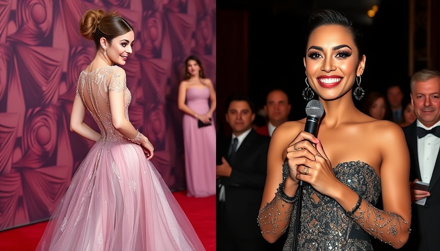 Glamorous juxtaposition of two celebrities at events, pink and black attire.