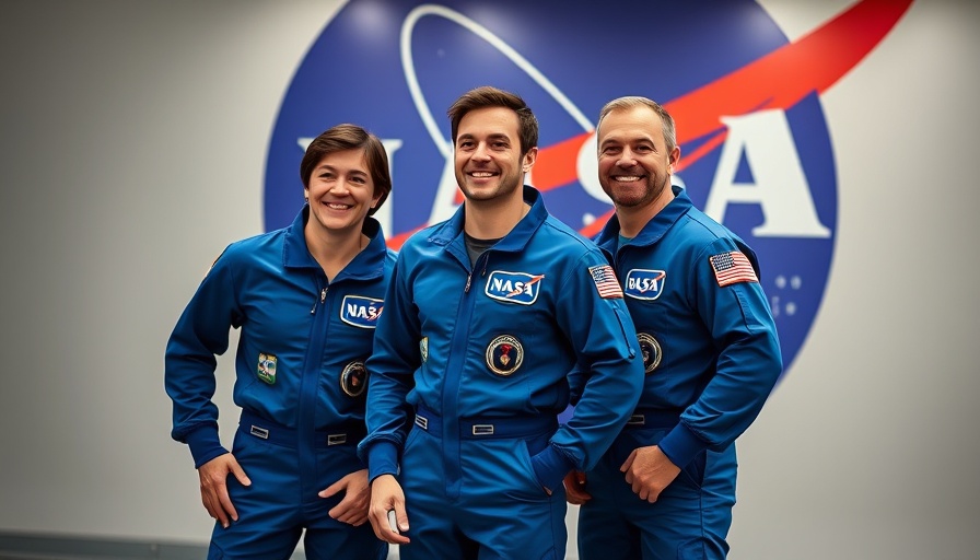 NASA astronauts in blue suits smiling at event.