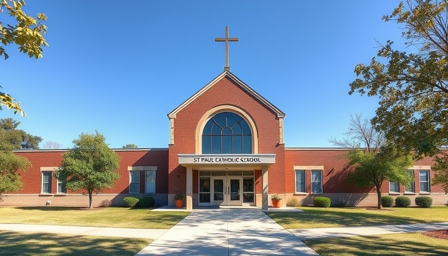 Front of St. Paul Catholic School before closure, clear sky.