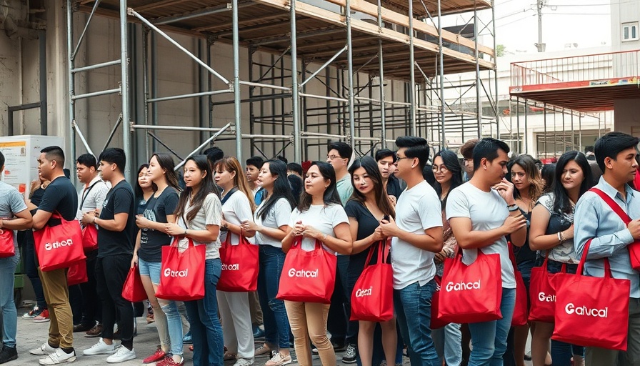 Queue of people with red bags in urban scaffolded area.