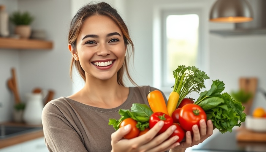 Smiling woman with vegetables promoting plant-based diet recipes.