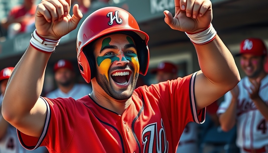 Cincinnati Reds player celebrating with teammates in vibrant dugout.