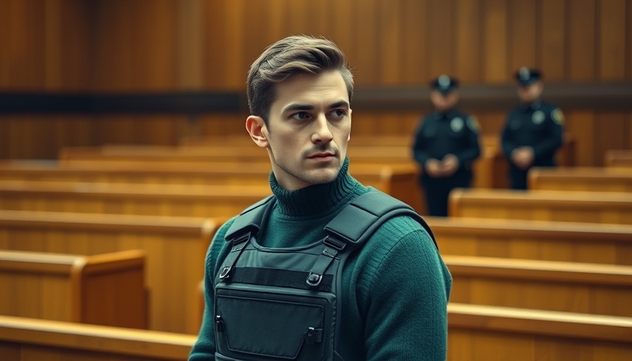 Courtroom scene with a young man and police presence.
