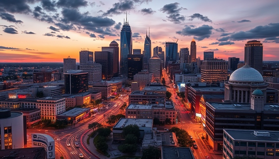 Dallas skyline evening view with vibrant city lights.