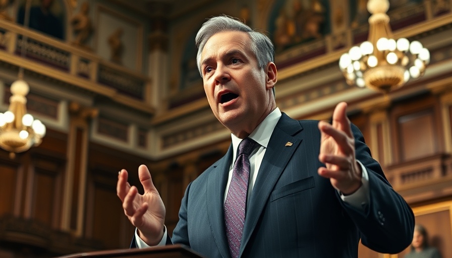 Passionate politician giving engaging marathon speech in chamber.