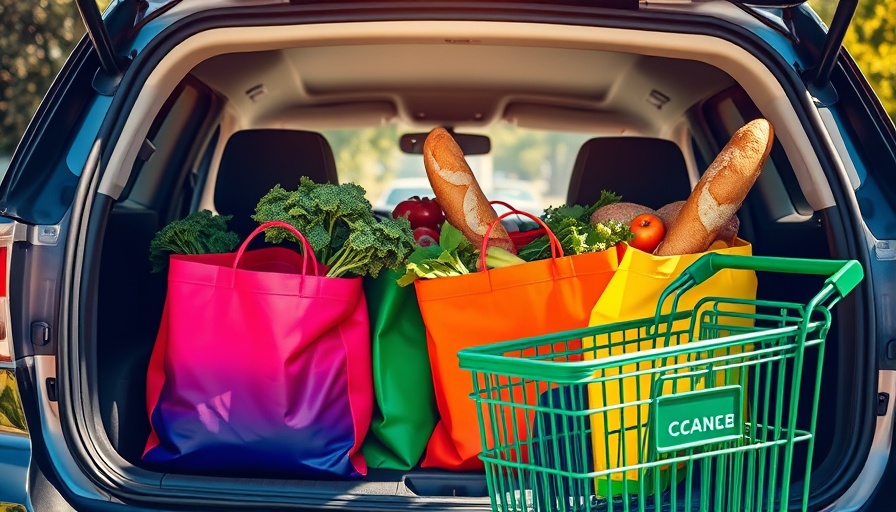 Groceries in trunk with shopping cart, illustrating Trump's tariffs impact on prices.